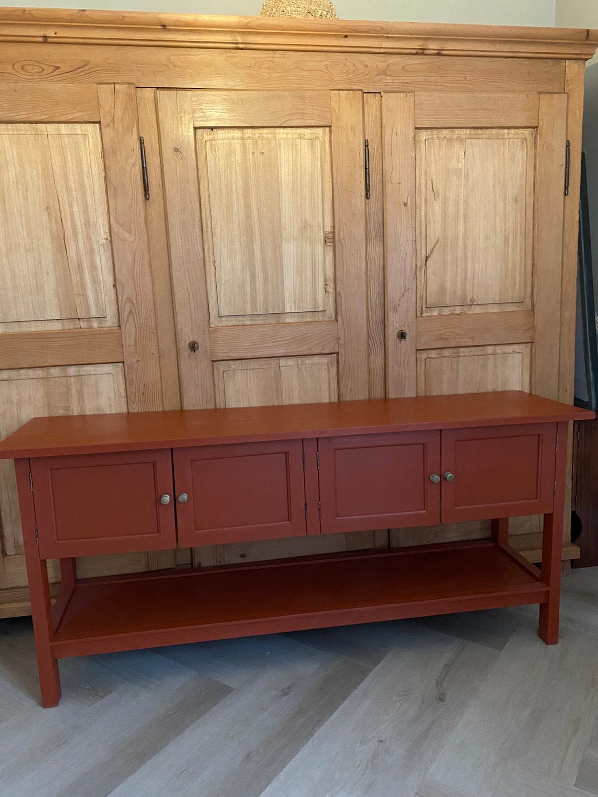 Brick rood teakhouten dressoir, Ophalen, 25 tot 50 cm