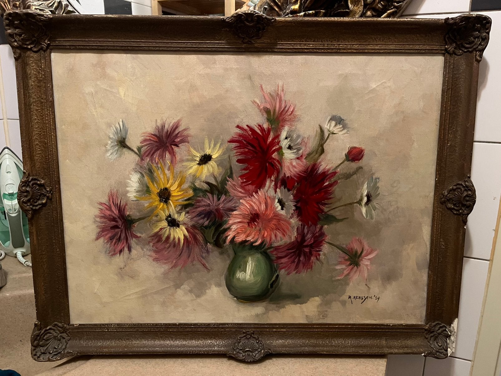 Antiek olieverf bloemen stilleven schilderij, Ophalen