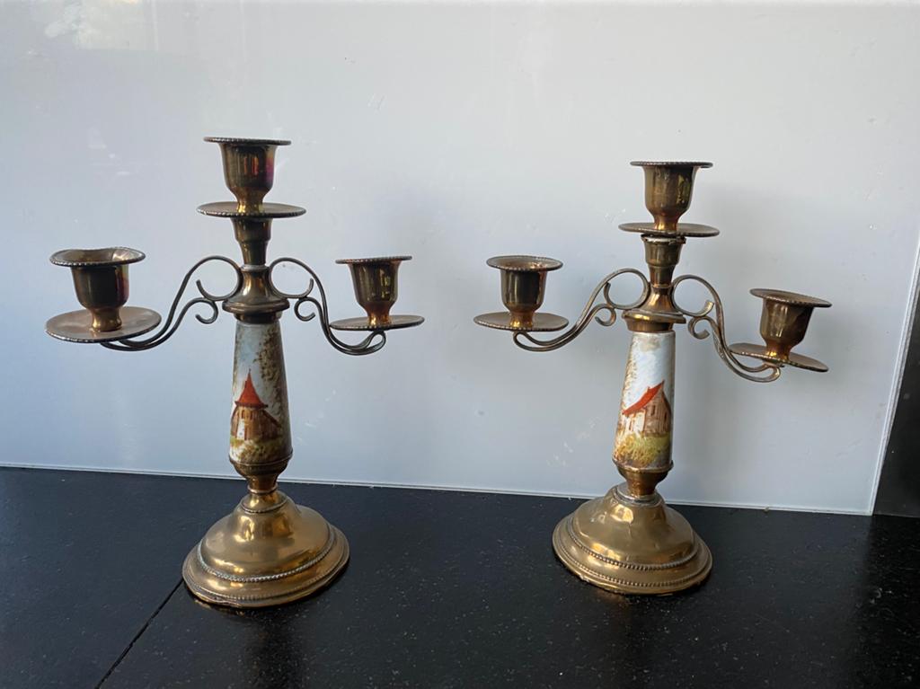 Set van 2 Antieke Koperen Kandelaars met Emaille, Ophalen of Verzenden, Koper of Brons