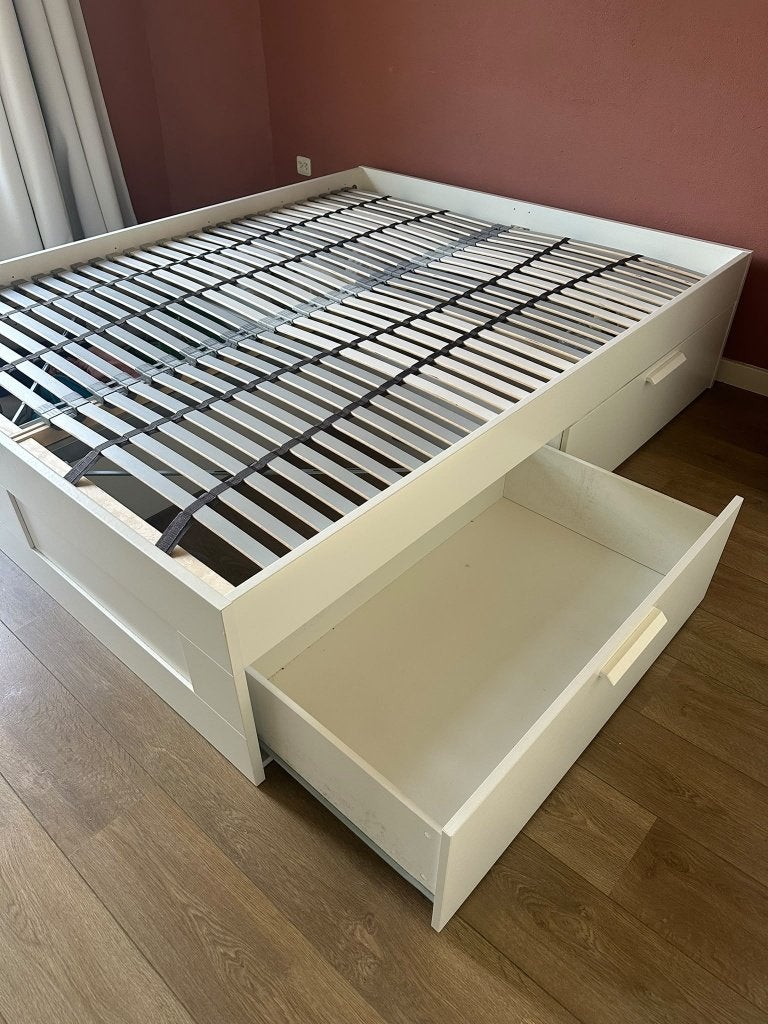 Bed met opberglades en lattenbodem - 160x200cm (Ikea), Ophalen, Tweepersoons, Zo goed als nieuw, 200 cm