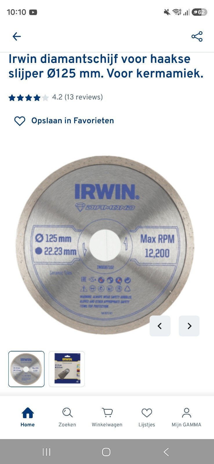 Nieuwe Irwin Diamantschijf 125 mm voor haakse slijper, Ophalen of Verzenden, Nieuw, Overige typen, Irwin