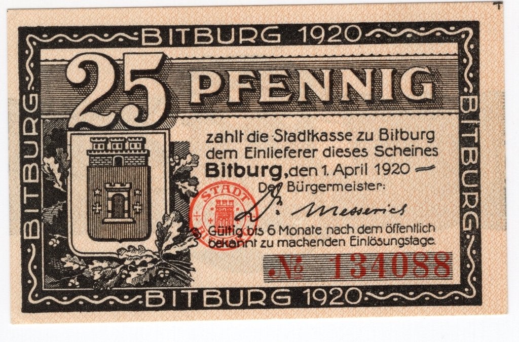Duitsland notgeld Bitburg 25 Pfennig 1920, Verzenden, Duitsland
