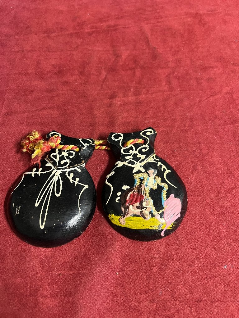 Houten Spaanse castagnetten met handgeschilderde decoraties, Ophalen of Verzenden, Gebruikt, Overige typen