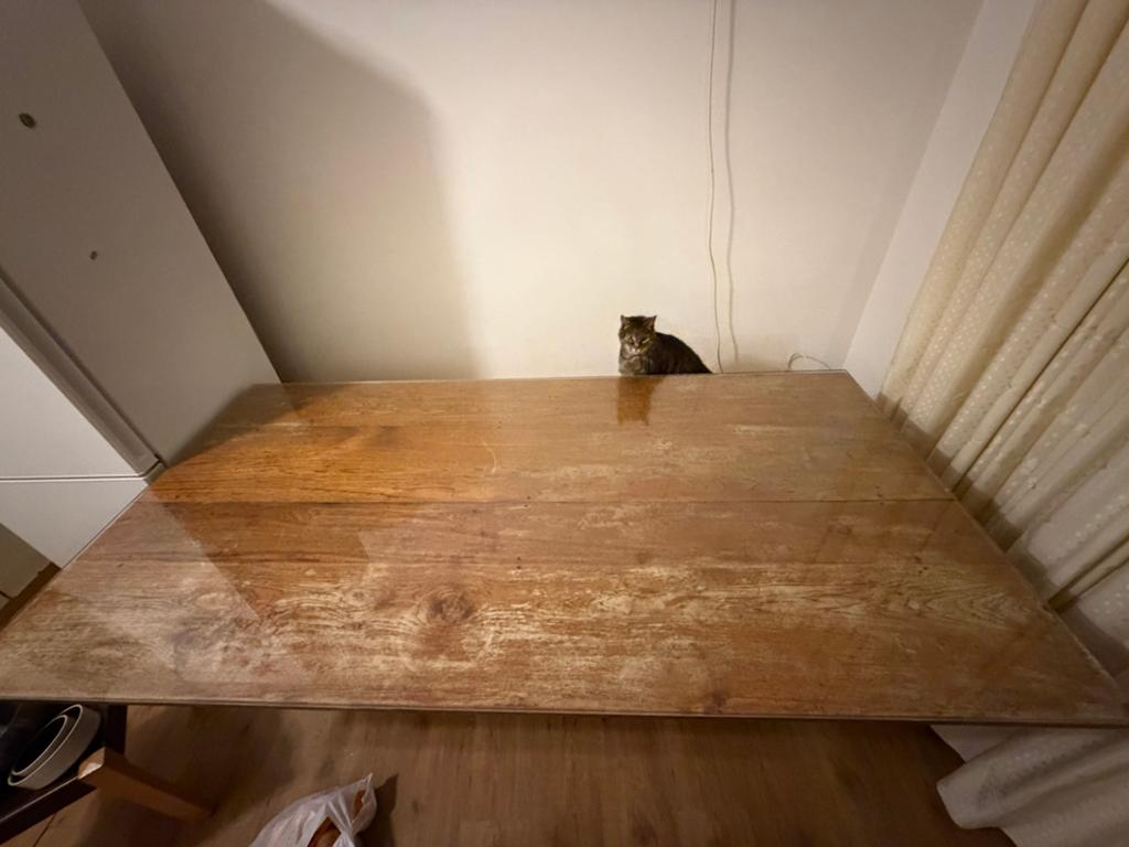 Houten tafel met metalen onderstel, Ophalen, Gebruikt, 100 tot 150 cm, 200 cm of meer