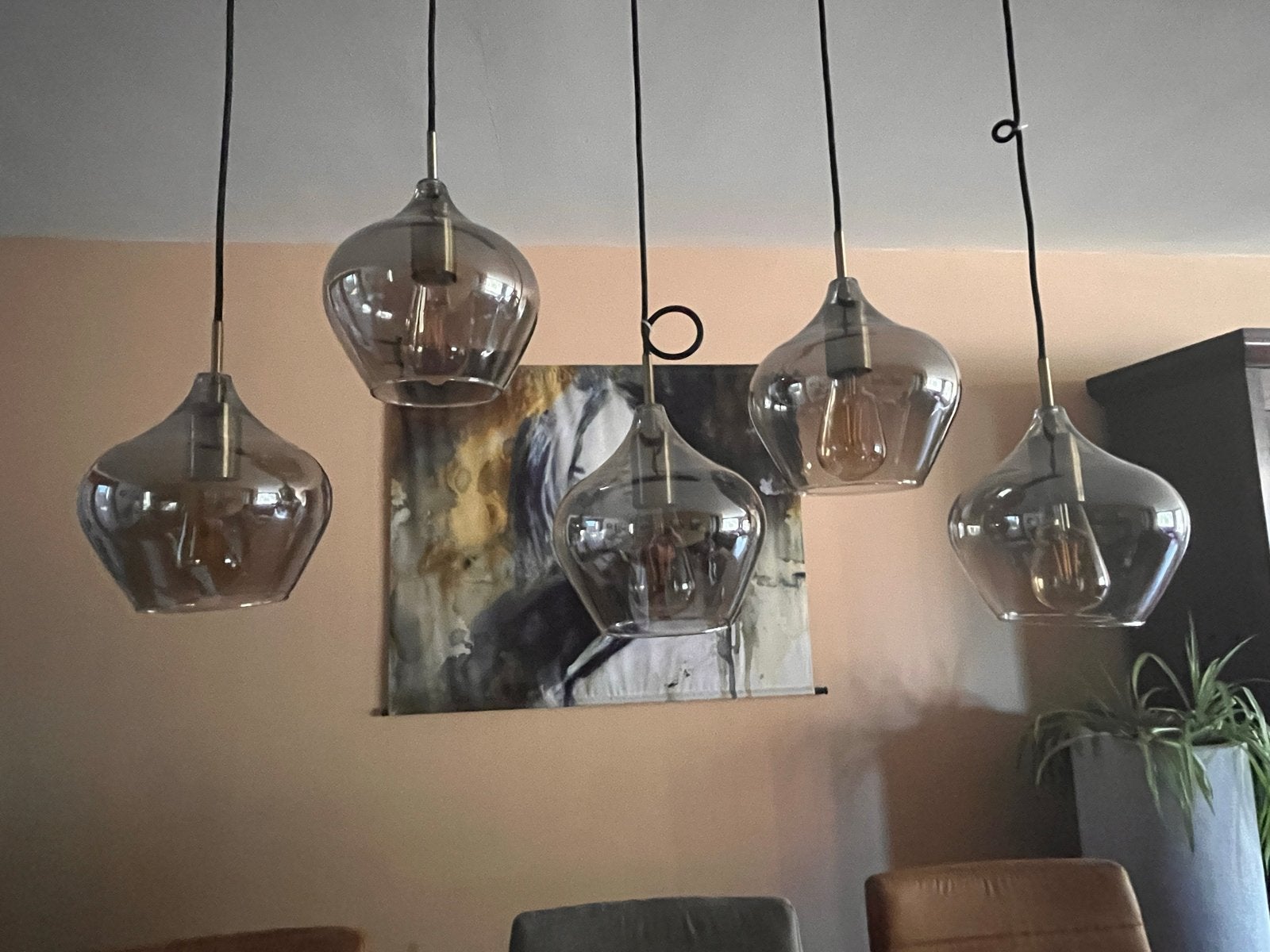 Moderne hanglamp met 5 glazen kappen - Grijs/Transparant, Ophalen, Zo goed als nieuw, Glas, E27 (groot)