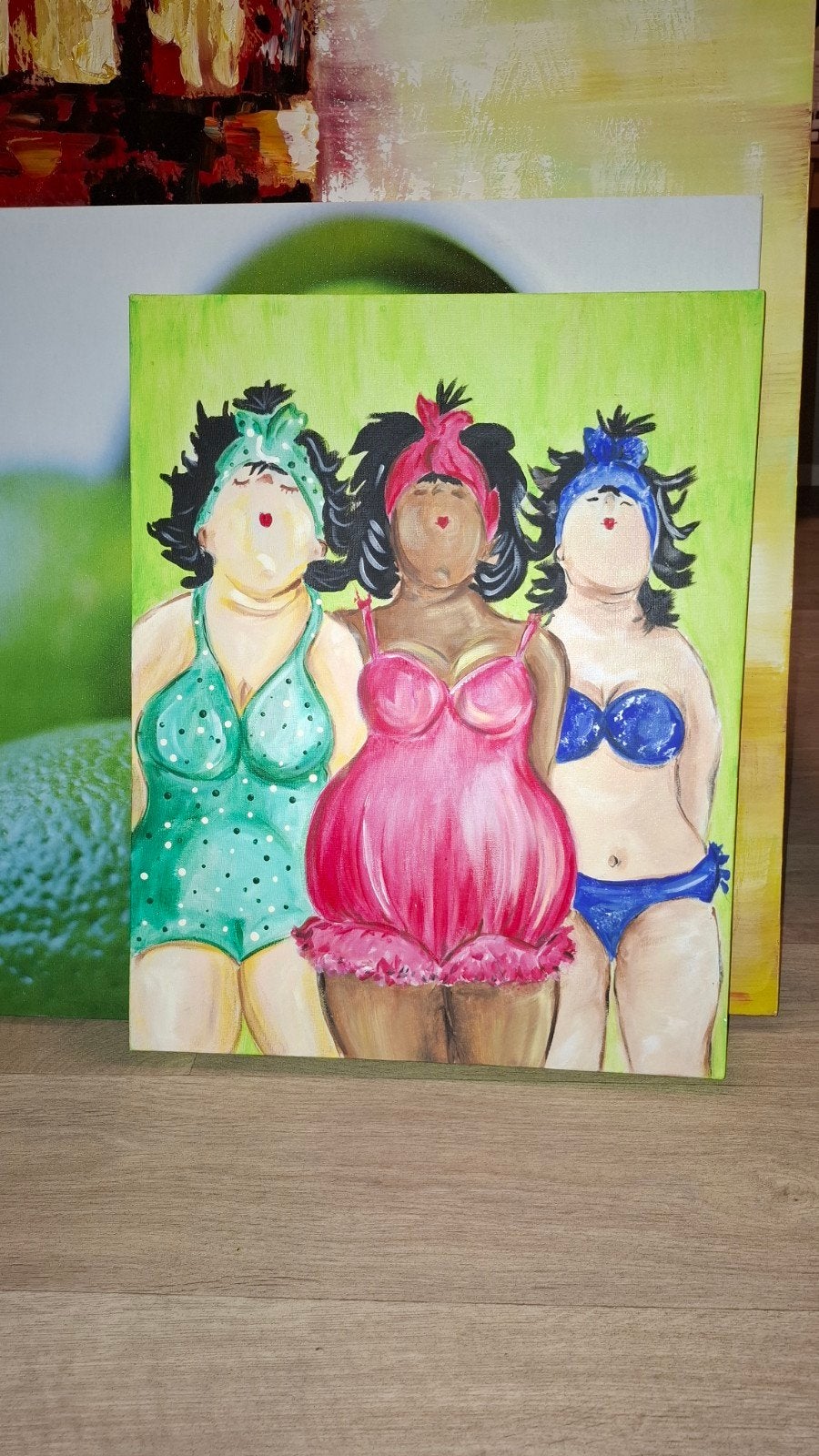 Olieverfschilderij 3 Dames in Badpak 40x50 cm, Antiek en Kunst, Ophalen, Handgeschilderd, Olieverf, Figuren
