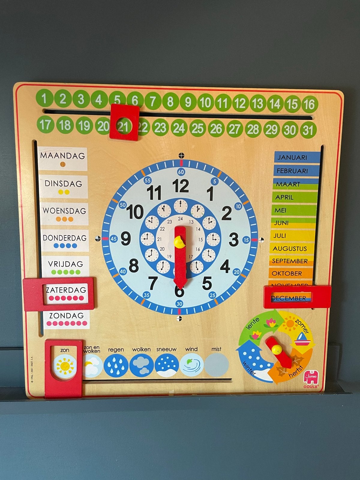 Houten leerklok met kalender en weerstation, Ophalen, Gebruikt, Taal en Lezen