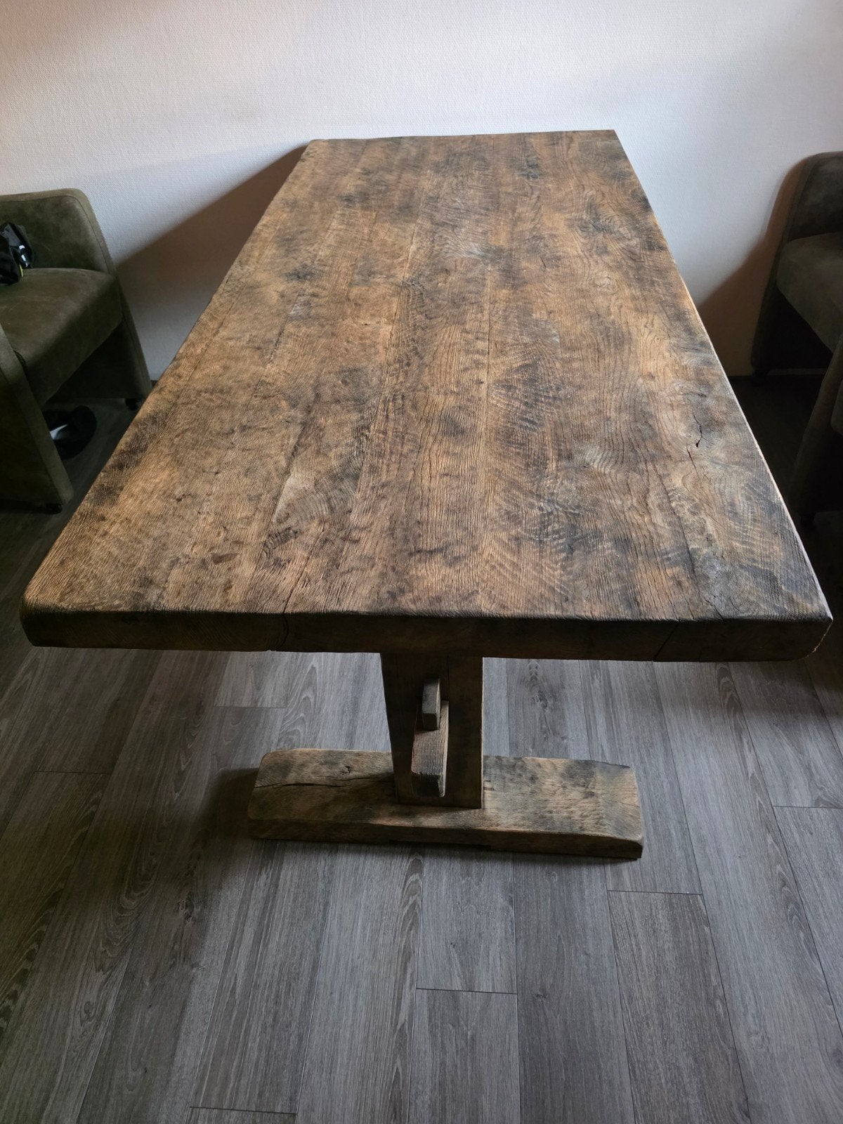 Massief gedusseld eiken eettafel landelijke stijl, Huis en Inrichting, Tafels | Eettafels, Ophalen, Rechthoekig, 200 cm of meer