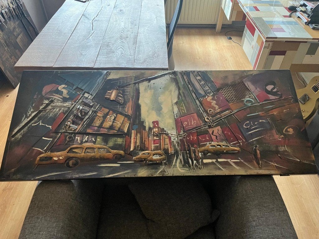 Uniek 3D Stadsgezicht Wanddecoratie - Handgemaakt Metaal, Ophalen, Metaal, Wandsculptuur, Meerkleurig