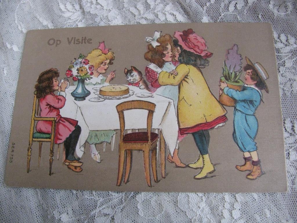 Antieke Kaart met Relief - Kinderen / Poes Taart / Visite, Verzenden, Voor 1920, Ongelopen, Kinderen