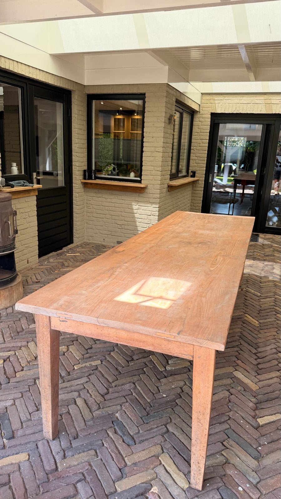 Teakhouten eettafel met lades - 300x90x79.5 cm, Ophalen, Gebruikt, Teakhout, 200 cm of meer