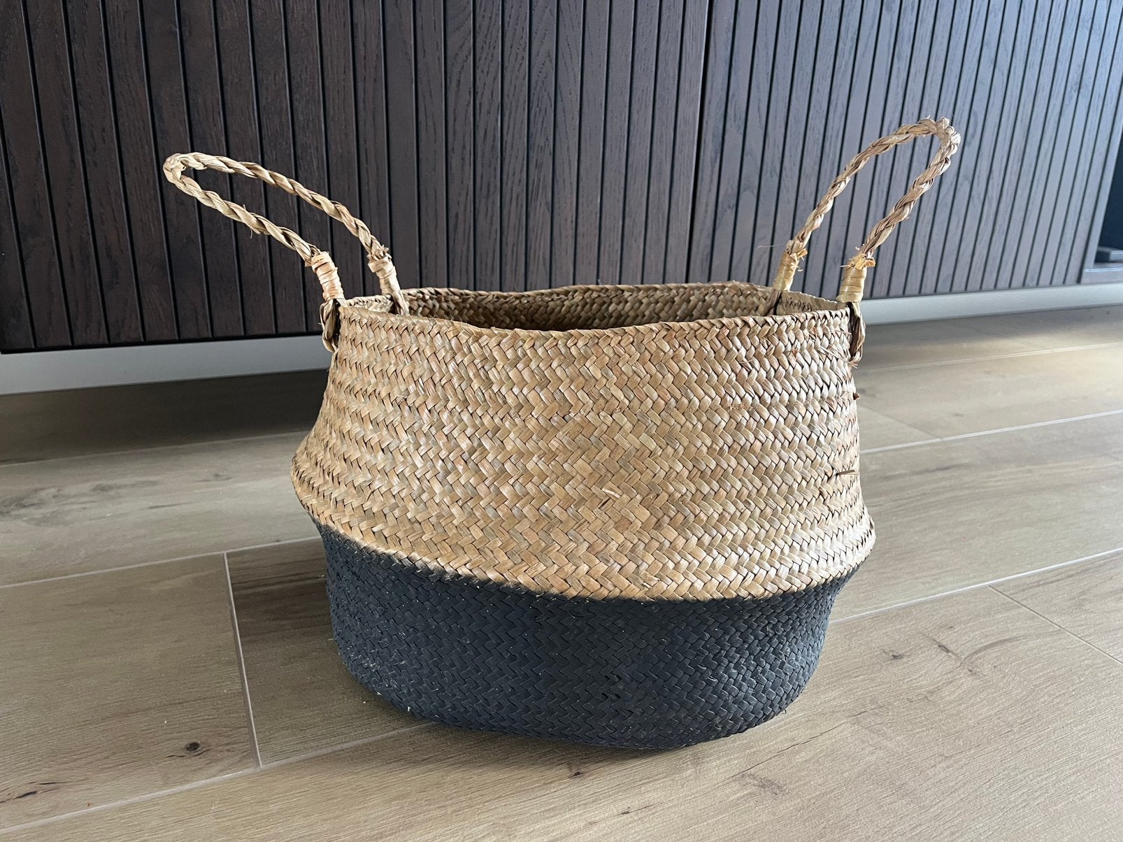Plantenmand beige-zwart van zeegras, Overige materialen, Gevlochten, Rond, Ophalen of Verzenden