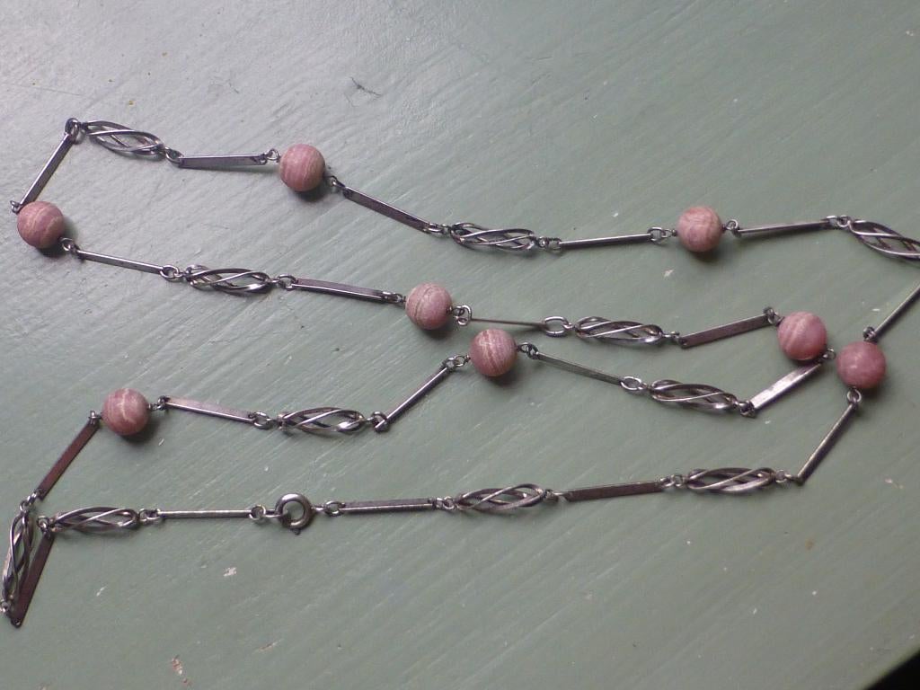 82 cm  Zilveren Collier bijzondere Schakels + Rhodochrosite, Verzenden, Zilver, Ketting, Met edelsteen