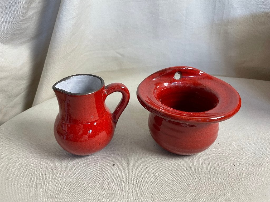Vintage rood aardewerken kannetje en bloempotje potterie, Gebruikt, Rond, Binnen, Ophalen of Verzenden