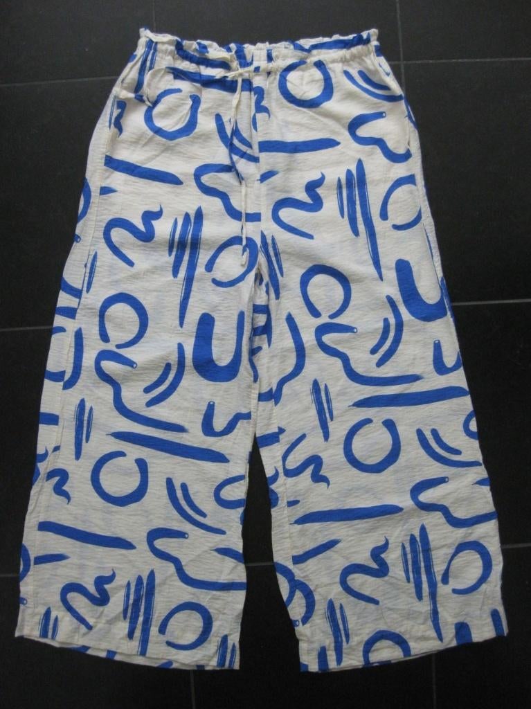 Whistle broek wit met blauw, maat 42, palazzo, rechte pijp, Wit, Maat 42/44 (L), Ophalen of Verzenden, Zo goed als nieuw