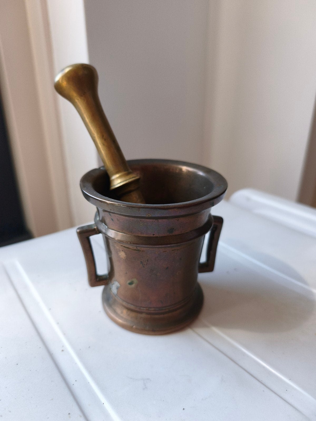 Antieke bronzen vijzel met stamper, Ophalen of Verzenden