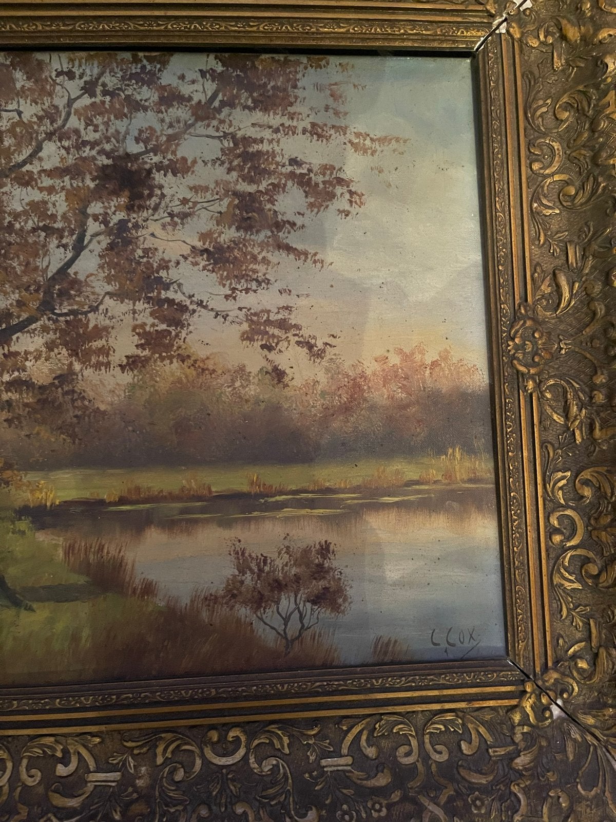 Schilderij L. Cox - Herfstlandschap met water en bomen, Antiek en Kunst, Ophalen of Verzenden