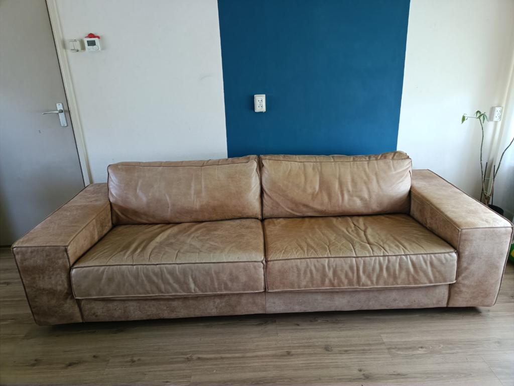Luxe design bank, cognac buffelleer, Ophalen, Gebruikt, 200 tot 250 cm, Leer