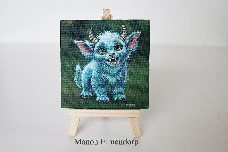 Uniek Handgeschilderd Fantasy Art Schilderijtje, Antiek en Kunst, Acrylverf, Ophalen of Verzenden, Dieren, Overige materialen