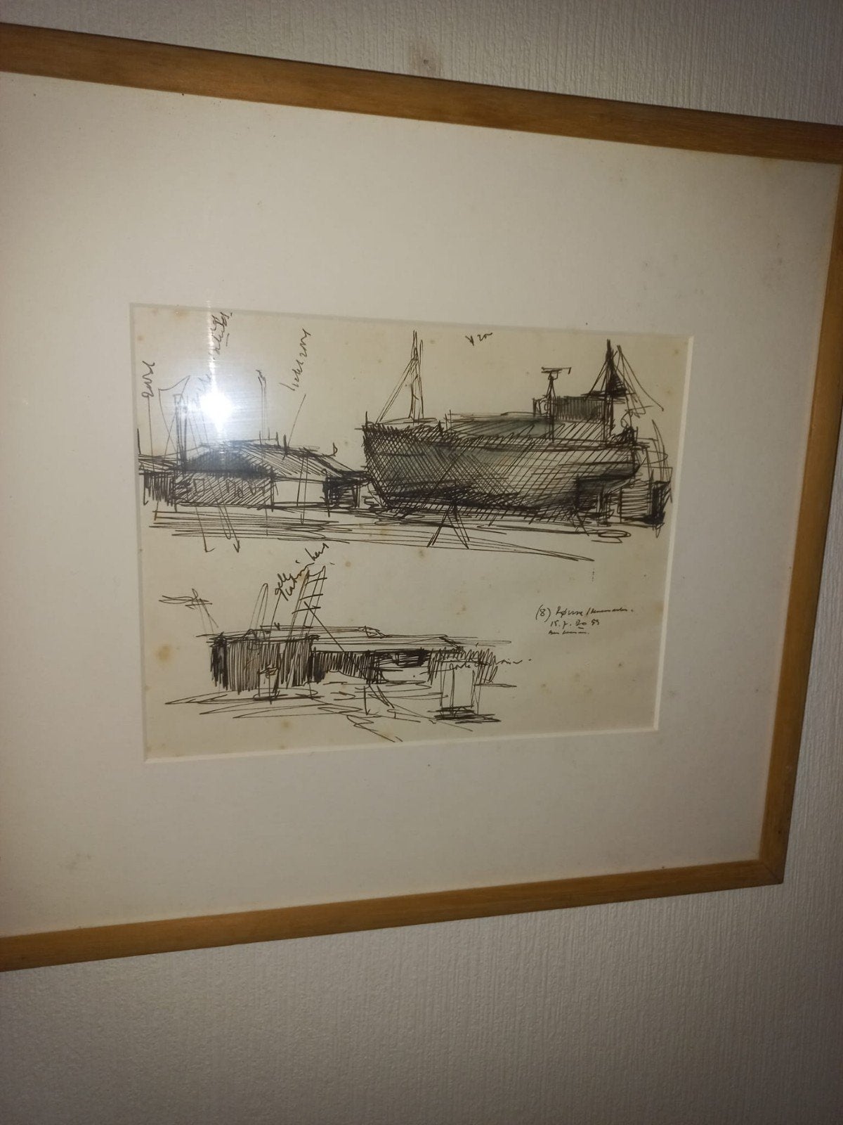 Vintage Pen- en Inkttekening: Havenzicht met Schepen, Antiek en Kunst, Kunst | Tekeningen en Foto's, Ophalen, Tekening, Pentekening