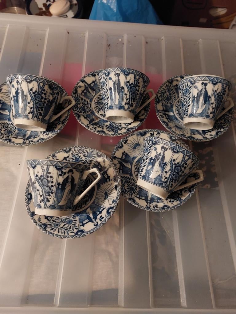 Set van 5 Delfts Blauw theekopjes met schotels, Ophalen of Verzenden