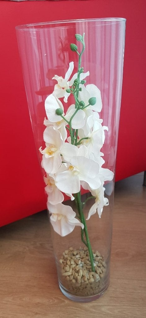 Prachtige glazen vaas met een kunstorchidee, Ophalen of Verzenden, Zo goed als nieuw, Glas, 70 cm