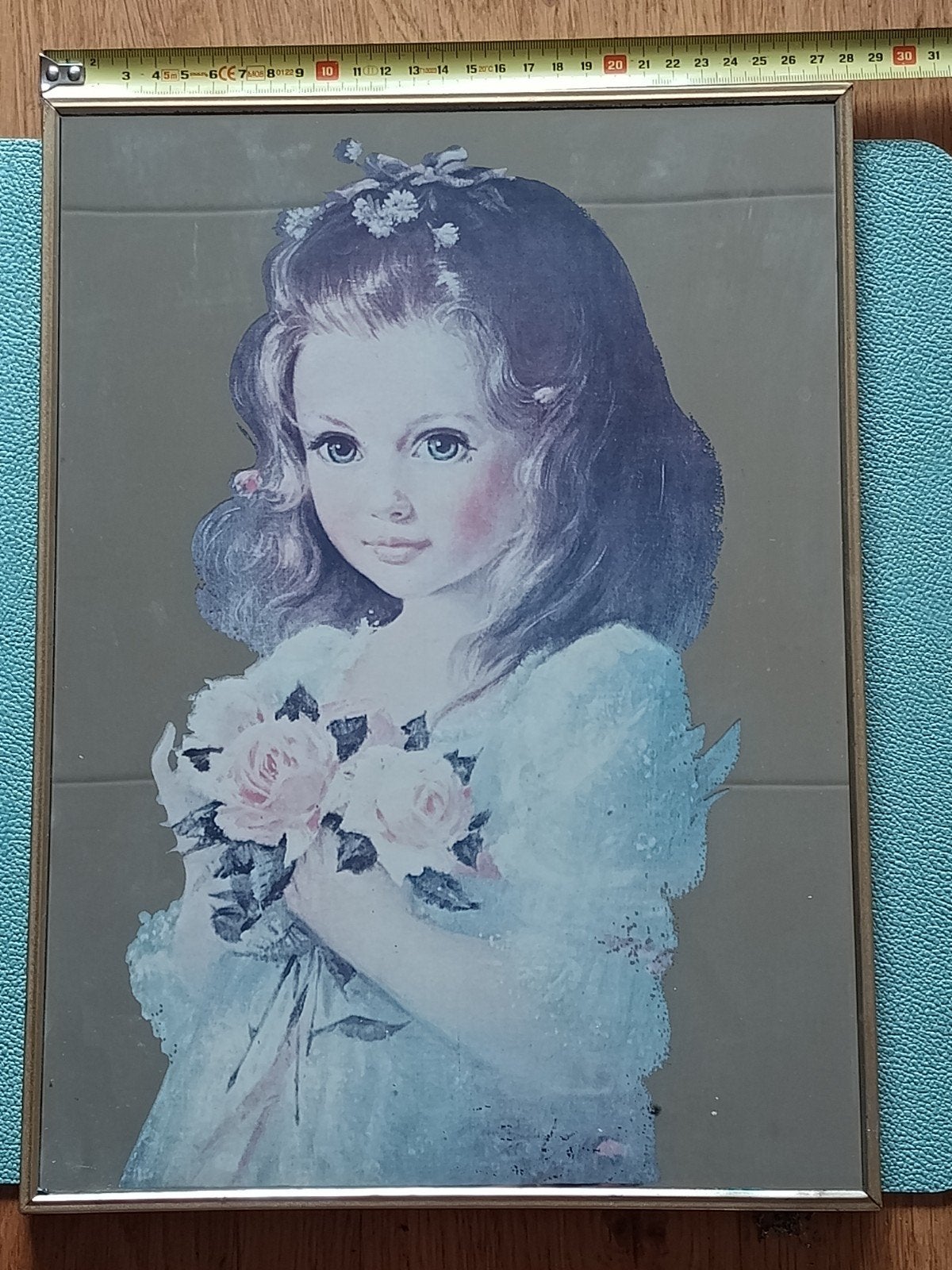 Vintage spiegel schilderij meisje met rozen – 28 x 38 cm, Ophalen, Rechthoekig, Minder dan 50 cm, Minder dan 100 cm