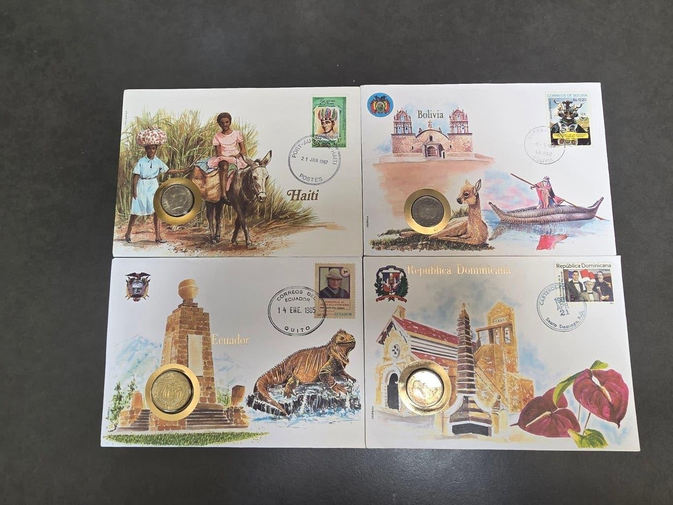 4 vintage muntbrieven wereld – munten & postzegels jaren 80, Ophalen of Verzenden, Overige materialen