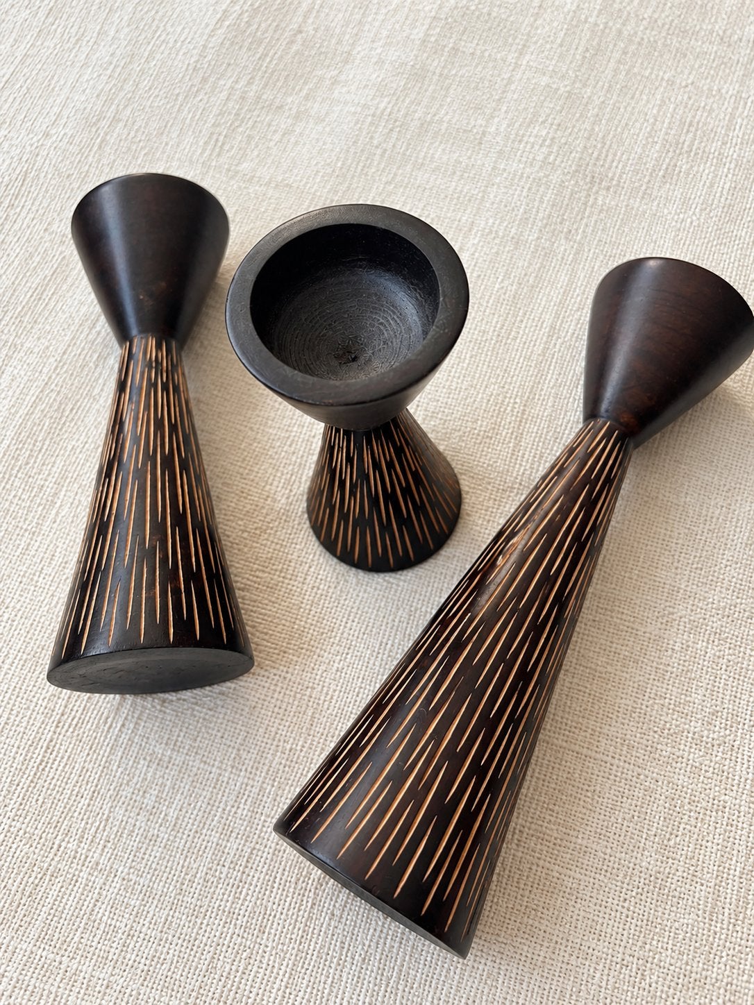 Set van 3 vintage houten kaarshouders, Gebruikt, Bruin, Overige merken, Waxinelichthouder