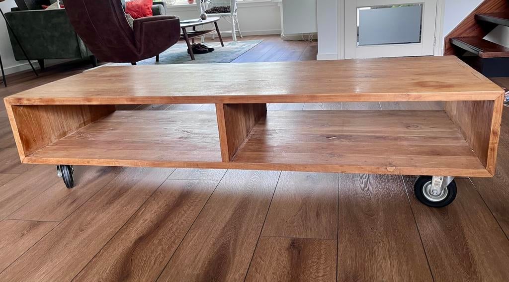 Stoere salontafel met wielen, Ophalen, Gebruikt, 50 tot 100 cm, 150 tot 200 cm