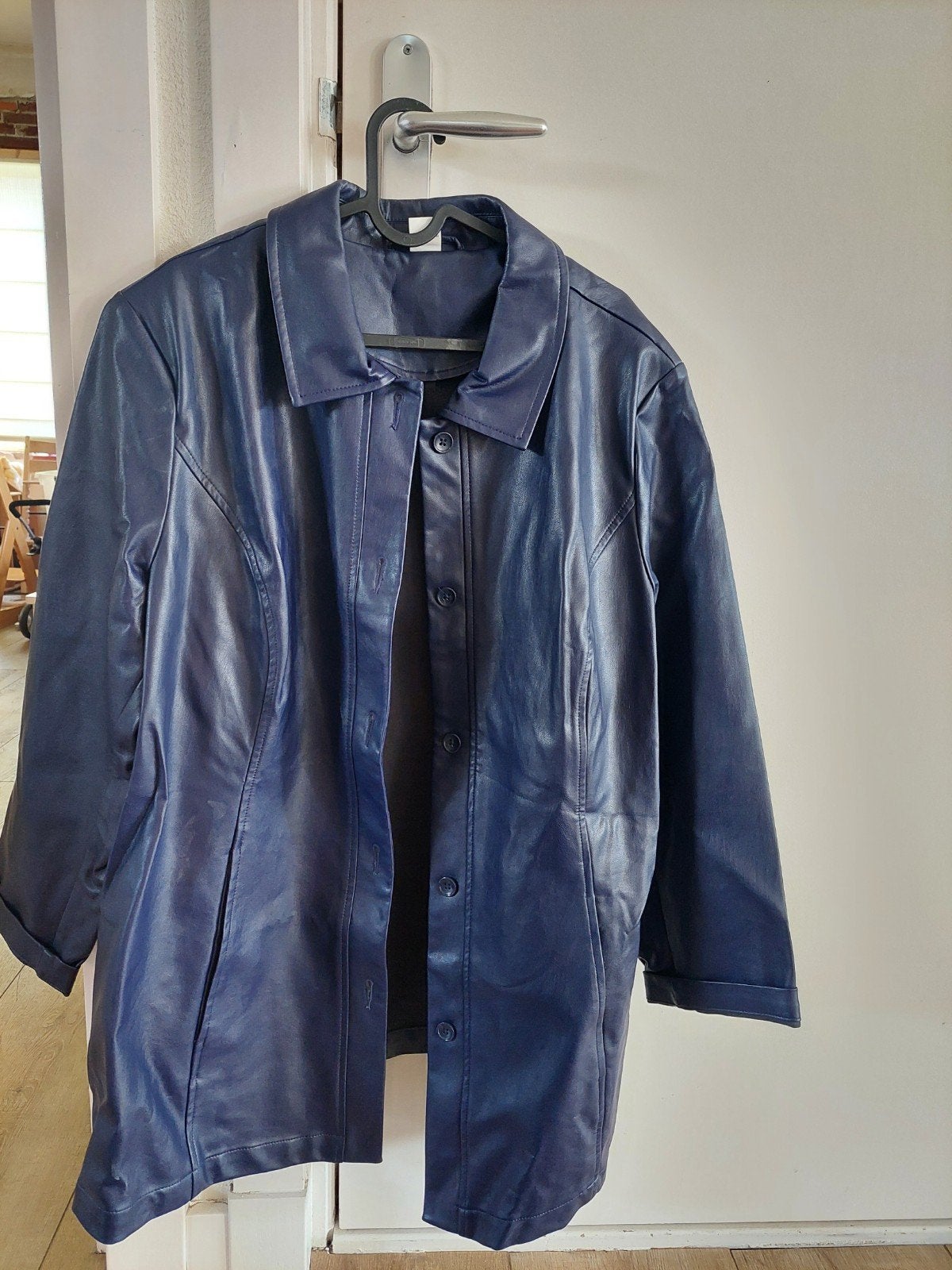 Donkerblauwe imitatie leren jas, maat 48, Blauw, Maat 46/48 (XL) of groter, Ophalen of Verzenden, Onbekend