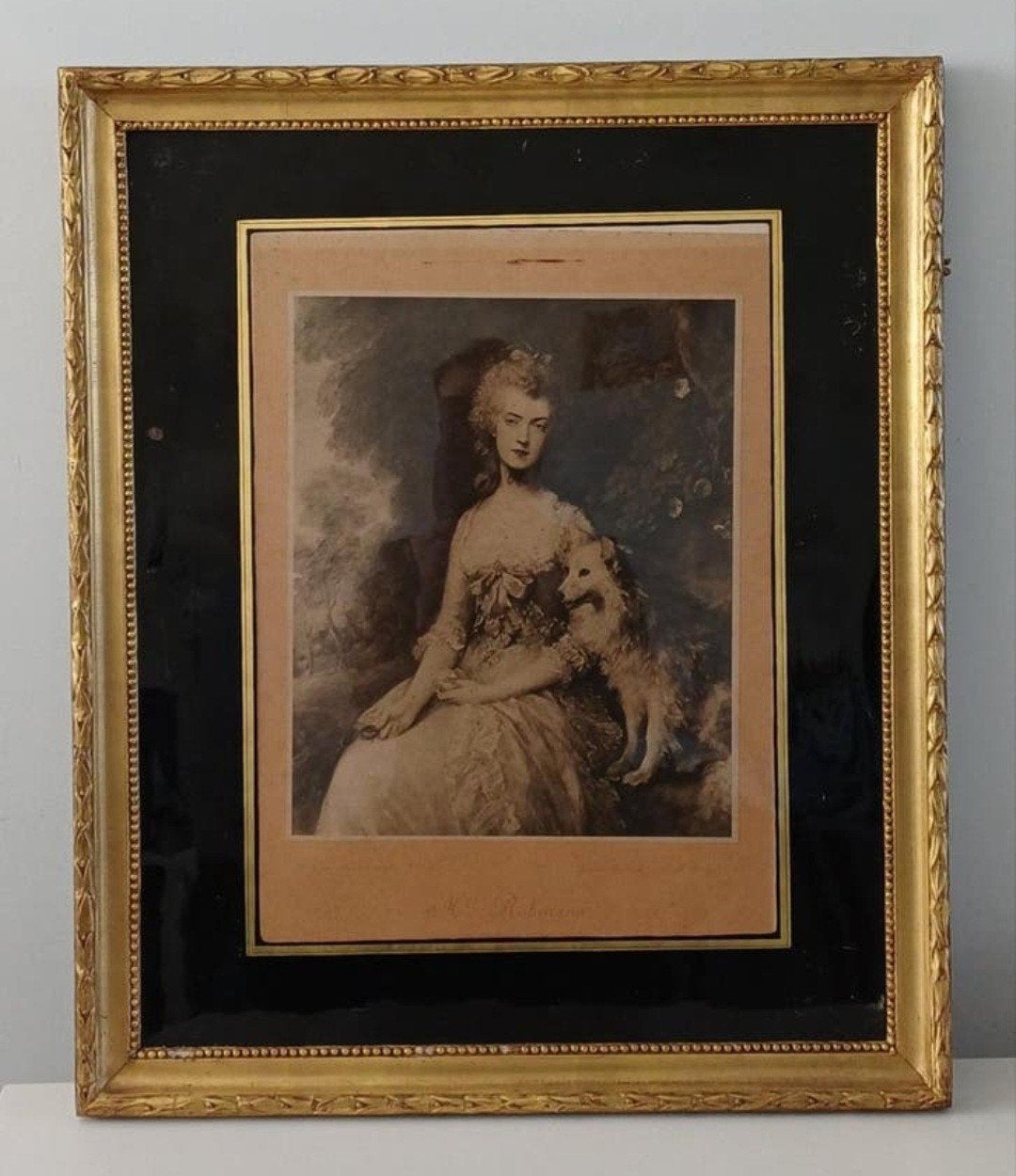 Antieke ingelijste prent: Mevrouw Robinson met hond, Antiek en Kunst, Ophalen, Print, Prent, Ingelijst