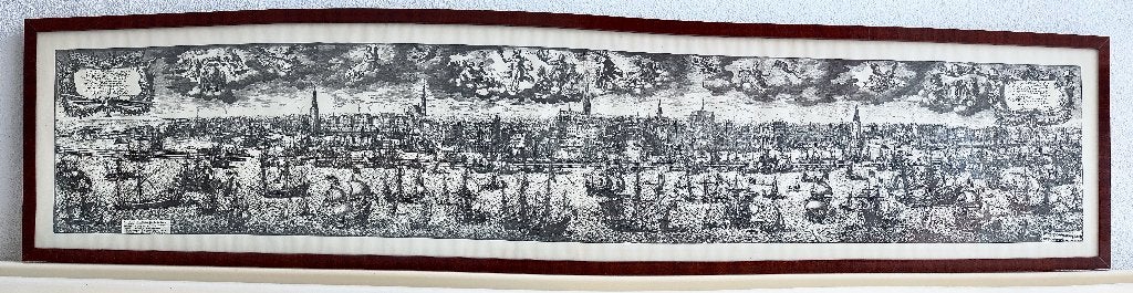 Ets Amsterdam Haven Zwart-Wit 119x22cm, Ets, Stadsgezicht, Ophalen of Verzenden, 1700 - 1799