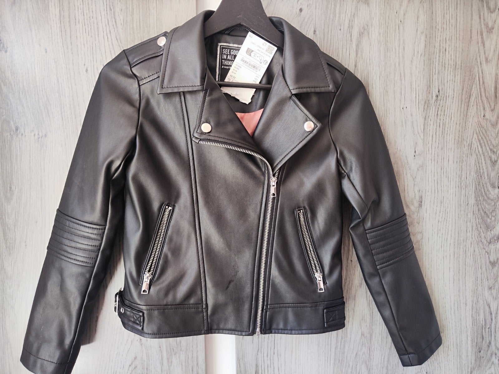 Stoere zwarte leren jas voor kinderen - Zo goed als nieuw, Ophalen of Verzenden, Zo goed als nieuw, C&A, Jongen of Meisje
