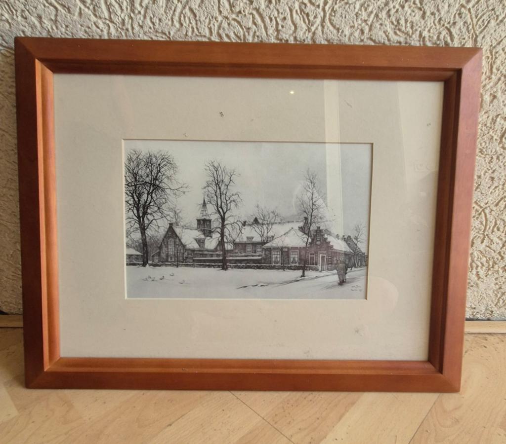 Winterlandschap met kerk - Ingelijste ets, Ophalen, Ingelijst, Ets, Landschap
