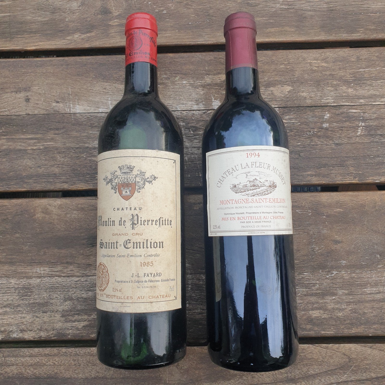 2 flessen rode wijn: St-Émilion 1985 montagne st emilion 94, Verzamelen, Frankrijk, Ophalen of Verzenden, Zo goed als nieuw, Rode wijn