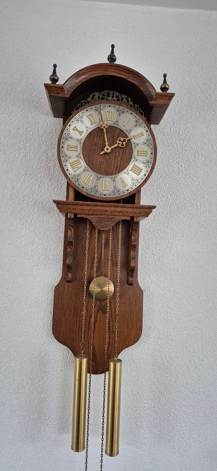 Antieke houten wandklok met slinger en gewichten, Ophalen