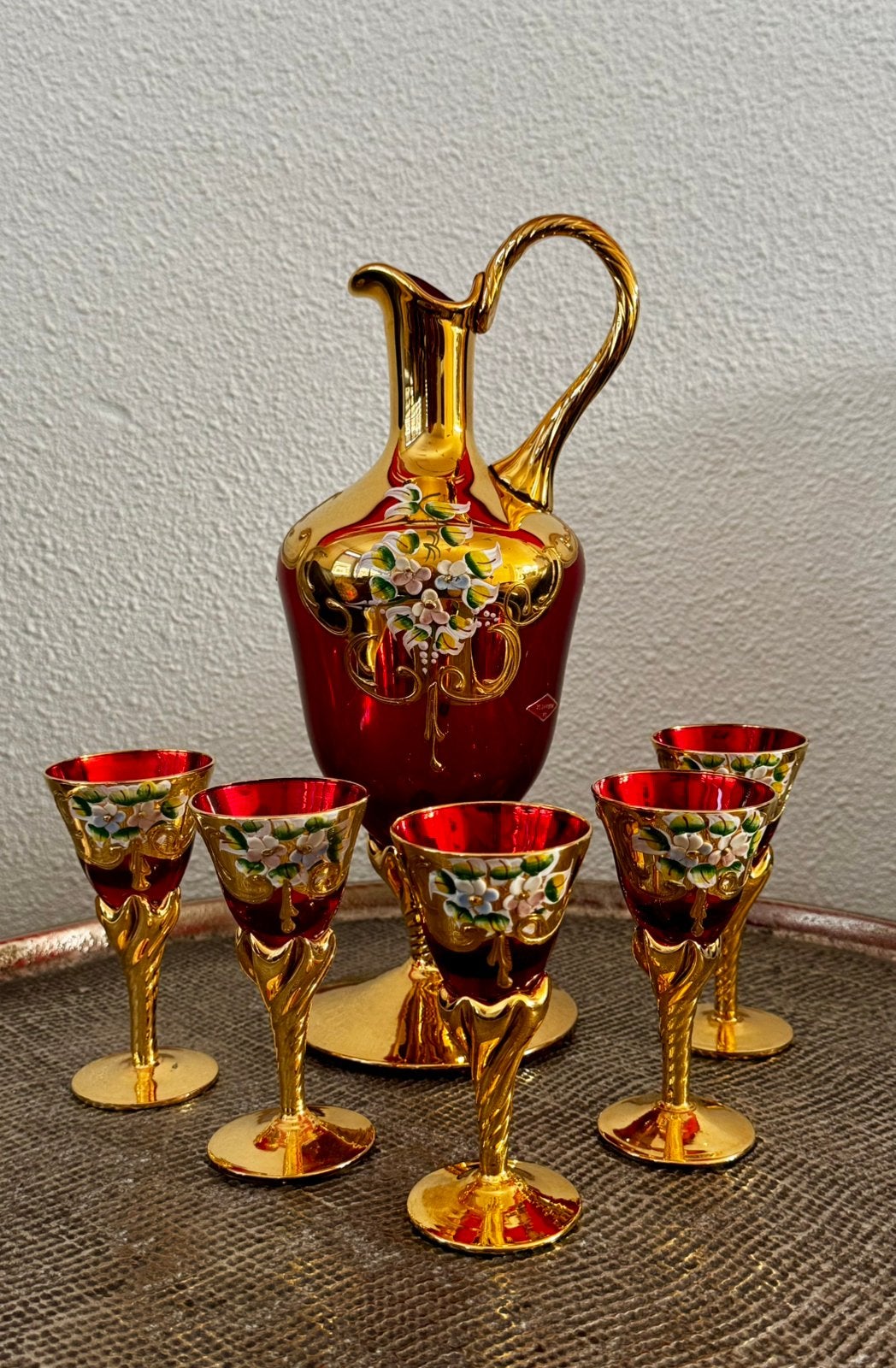 Vintage Murano Glazen Likeurset "Tre Fuochi" – La Muranese, Ophalen of Verzenden