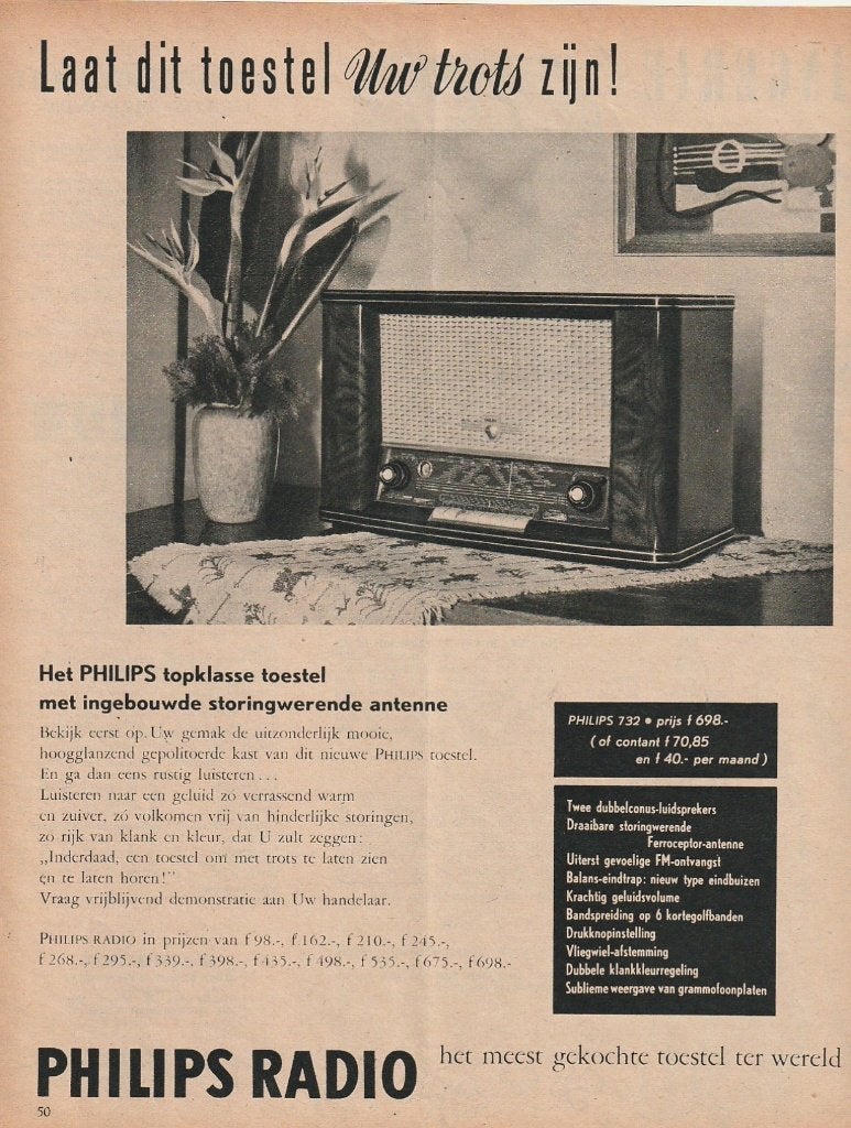 retro reclame 1954 Philips radio 732 meest verkocht, Verzenden, Overige typen