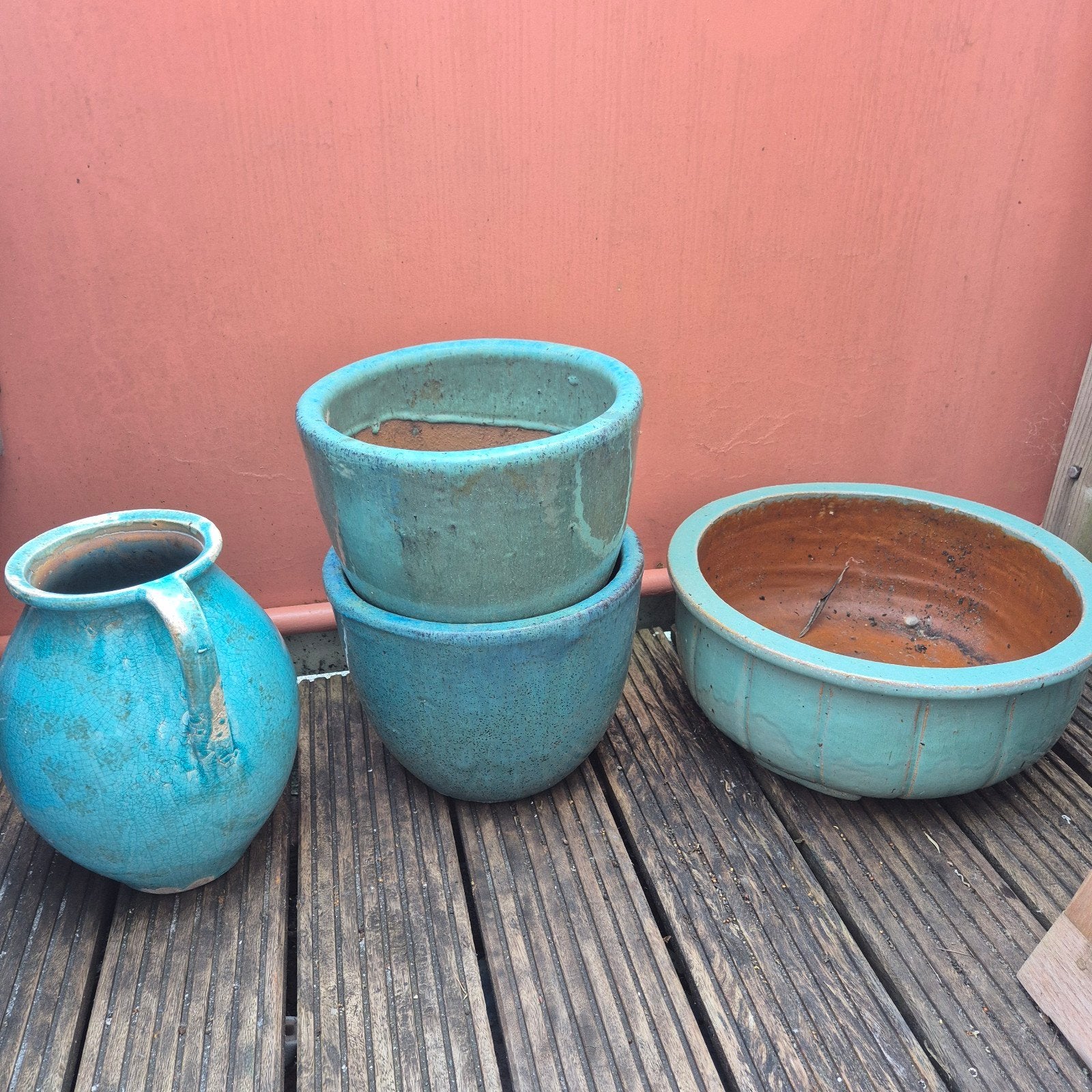 Grote turquoise bloempotten en vaas van aardewerk, Tuin en Terras, Bloempotten, Gebruikt, Aardewerk, Binnen, Balkon, Tuin, Minder dan 40 cm