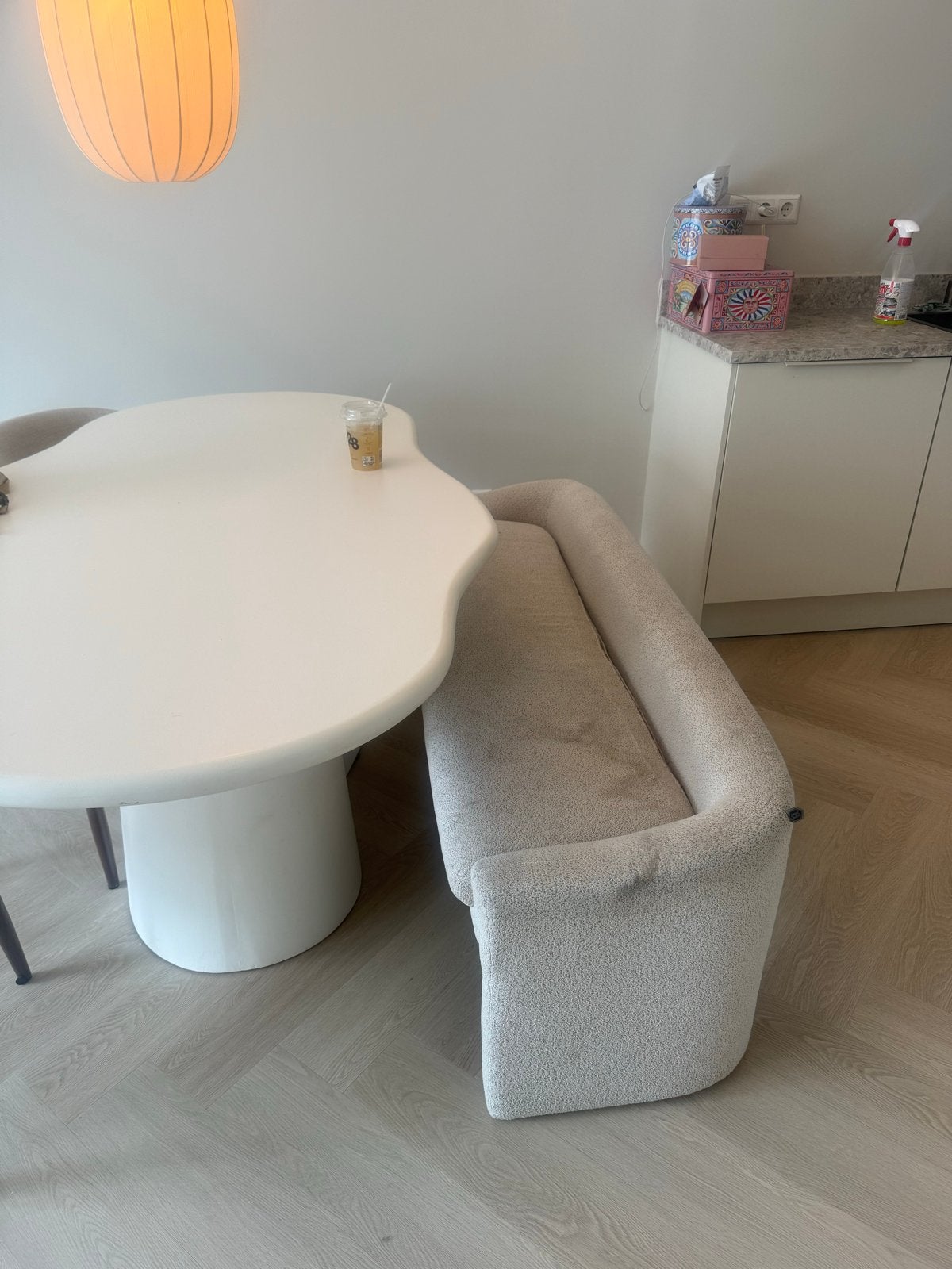 Moderne eetbank, bouclé stof, beige woood, Ophalen, Gebruikt, Overige kleuren, Drie