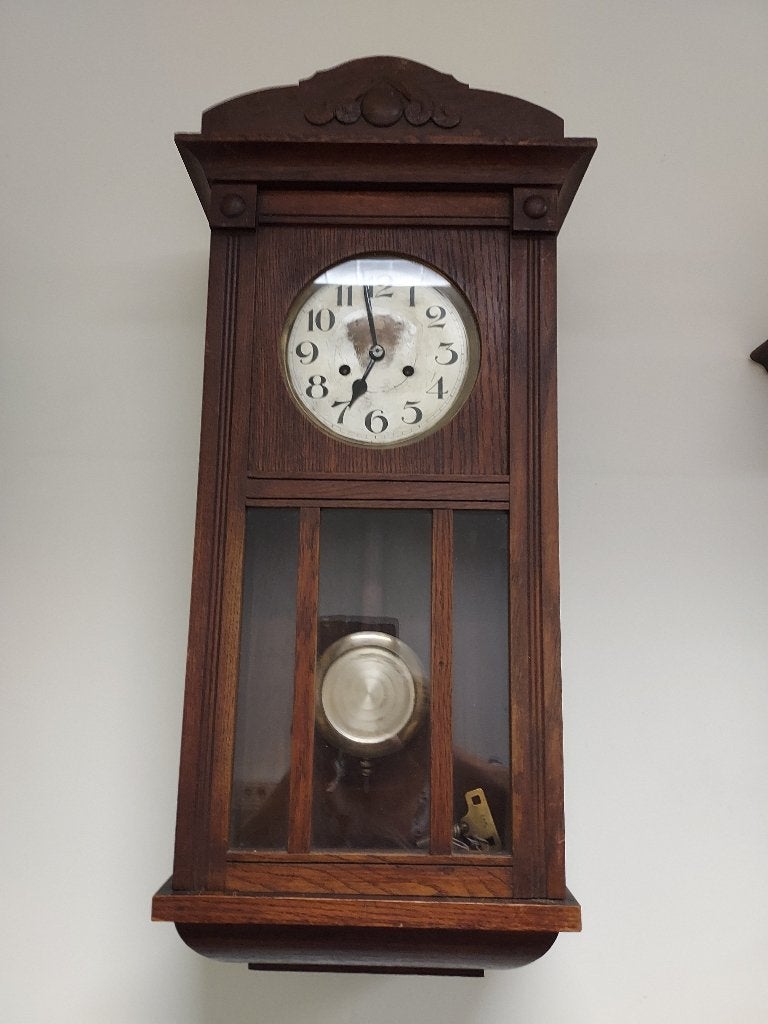 Bimbam Regulateur in eiken kast, te dateren ca. 1930., Antiek en Kunst, Ophalen