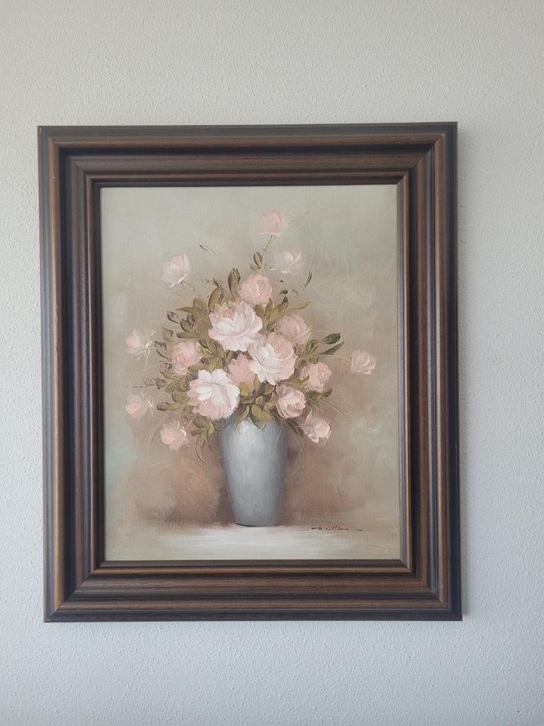 Klassiek handgeschilderd bloemstilleven met lijst, Ophalen of Verzenden