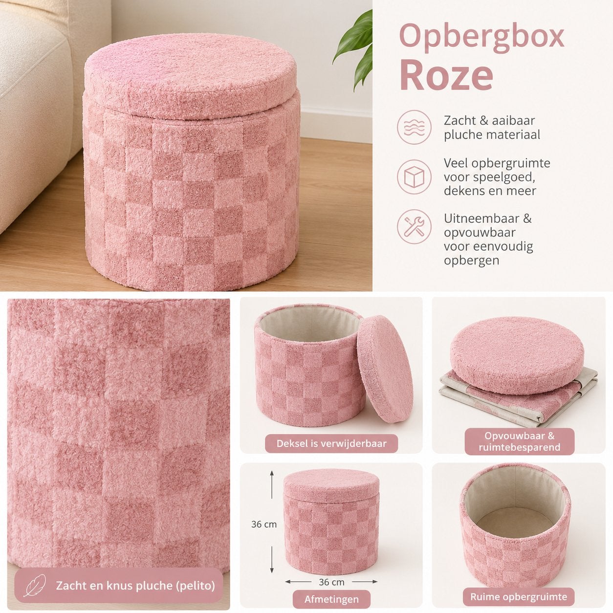 Roze opbergpoef met zachte teddy stof, Ophalen, Zo goed als nieuw, Roze, Textiel