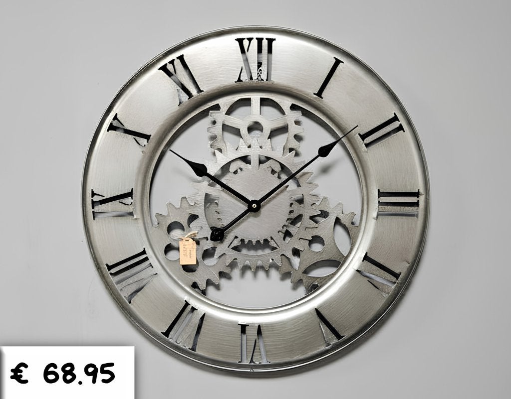 Industriële Metalen Wandklok Zilver met Tandwielen - Ø 63 cm, Ophalen, Nieuw, Analoog, Wandklok