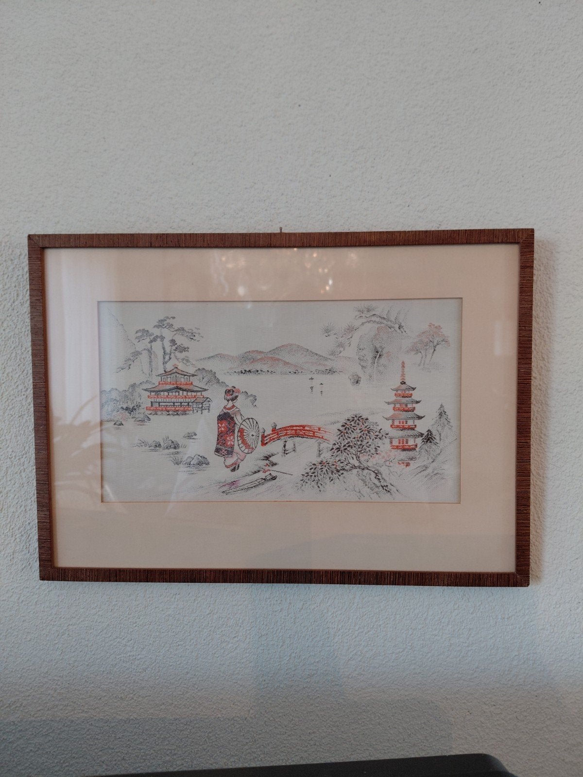 Ingeborduurde tekening  Japans tafereel op doek in lijst, Antiek en Kunst, Kunst | Niet-Westerse kunst, Ophalen of Verzenden