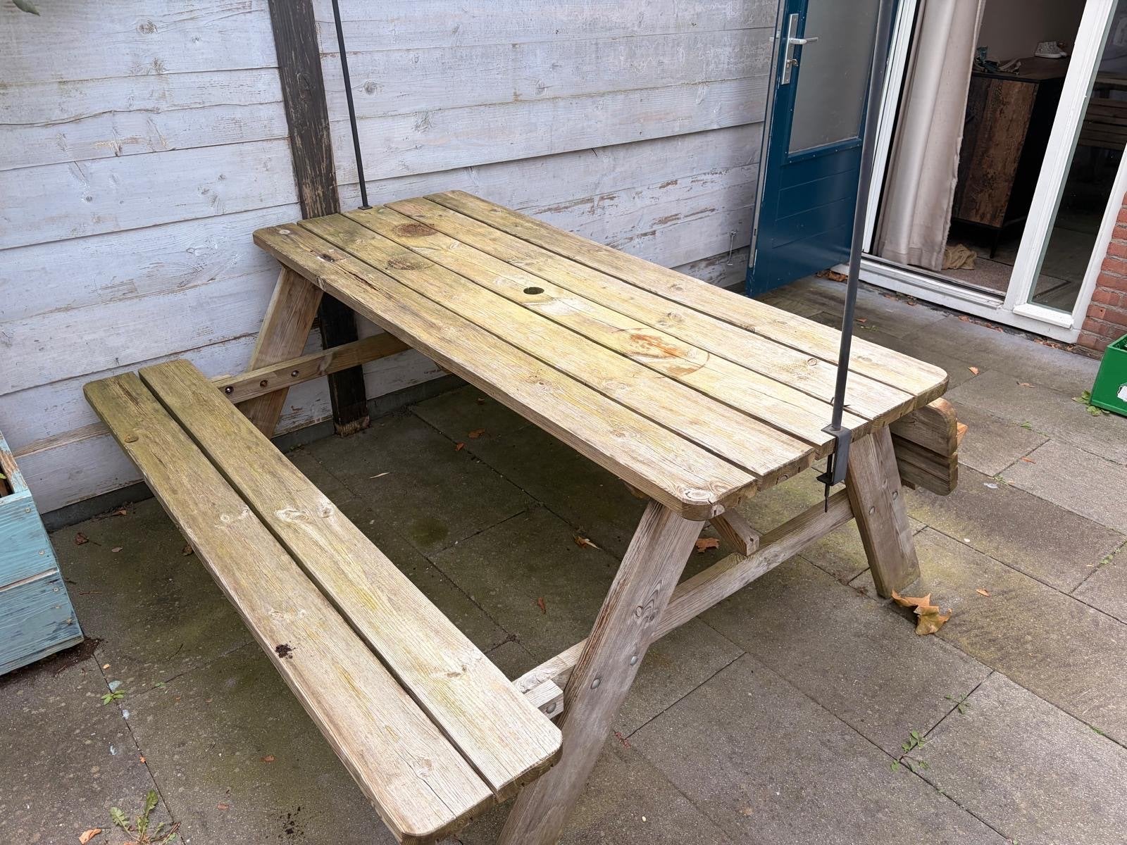 Houten picknicktafel met inklapb. zitting. Deze week ophalen, Gebruikt, Ophalen of Verzenden, Inklapbaar, Rechthoekig