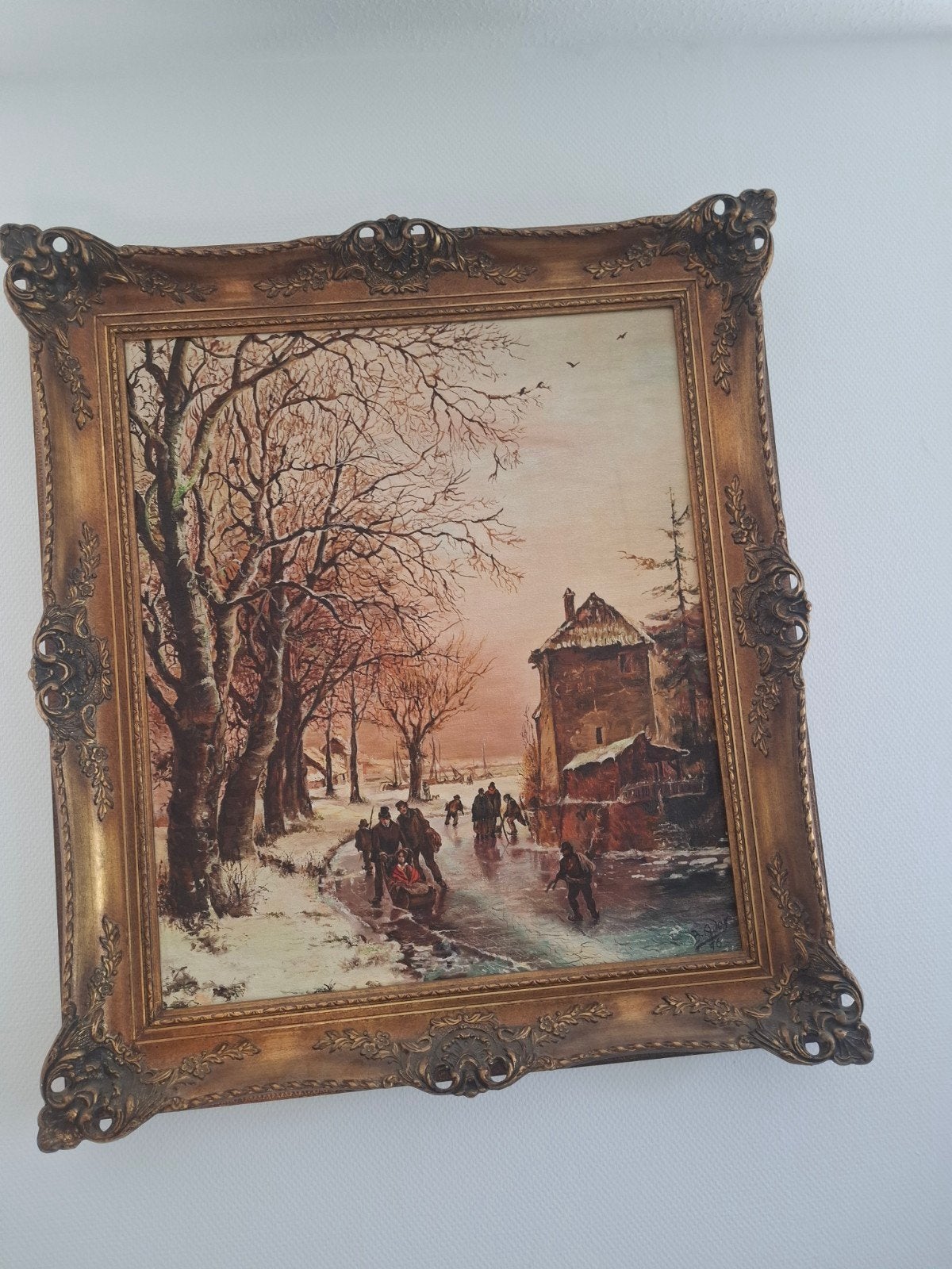 Klassiek winterlandschap schilderij met schaatsers, Ophalen, Doek, Landschap, Olieverf