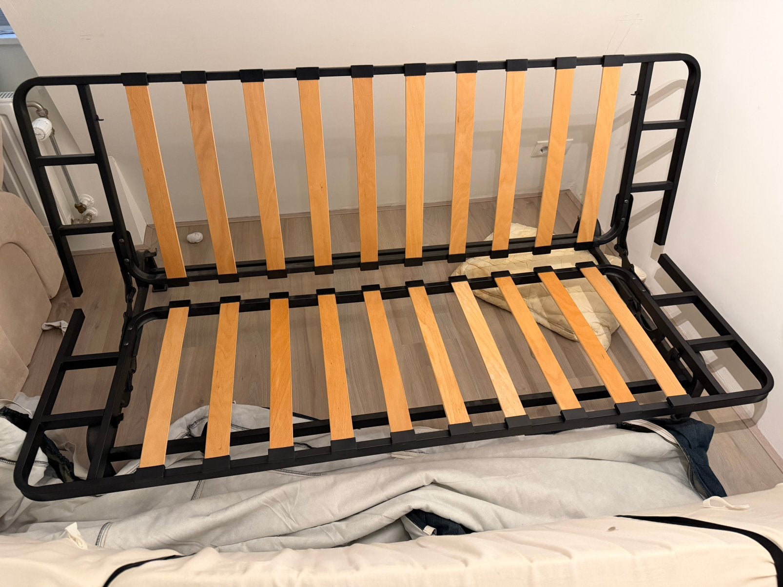 Slaapbank 195x150 cm met lattenbodem en denim hoes, Ophalen, Gebruikt, Blauw, Tweepersoons