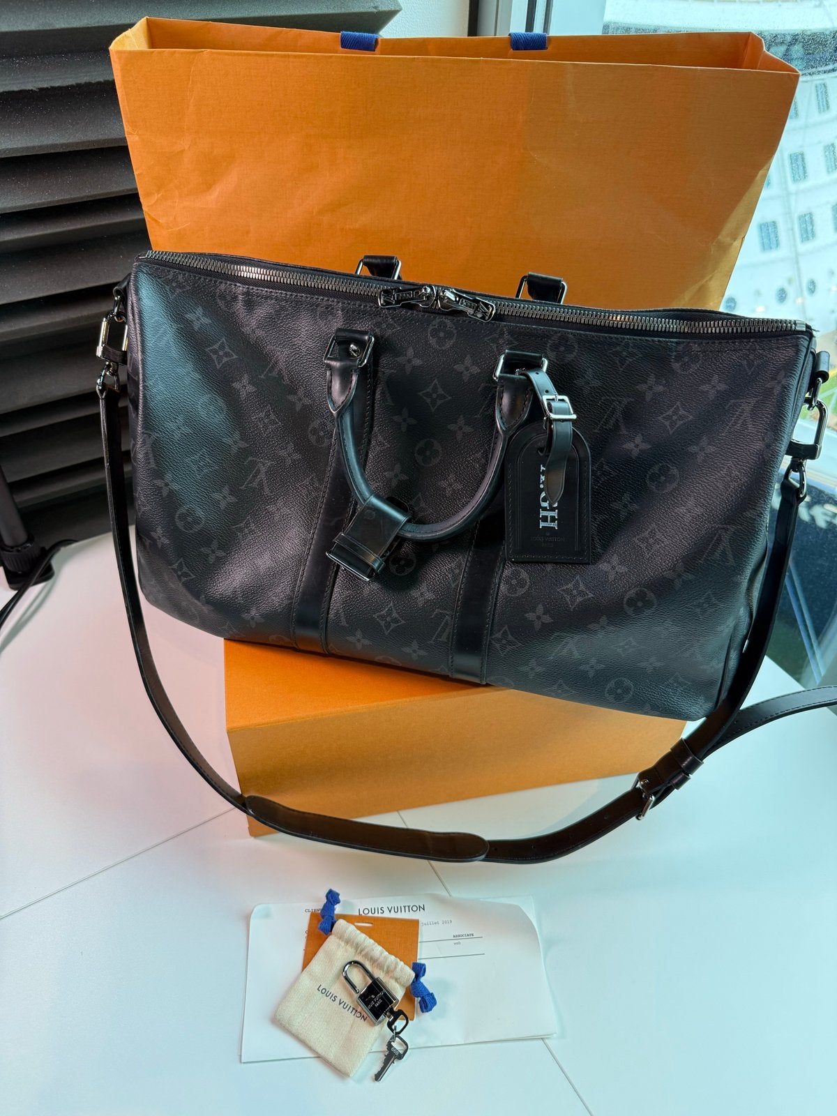 Louis Vuitton Keepall 45 Bandoulière Monogram Eclipse, Ophalen, 40 tot 60 cm, 20 tot 30 cm, Zwart
